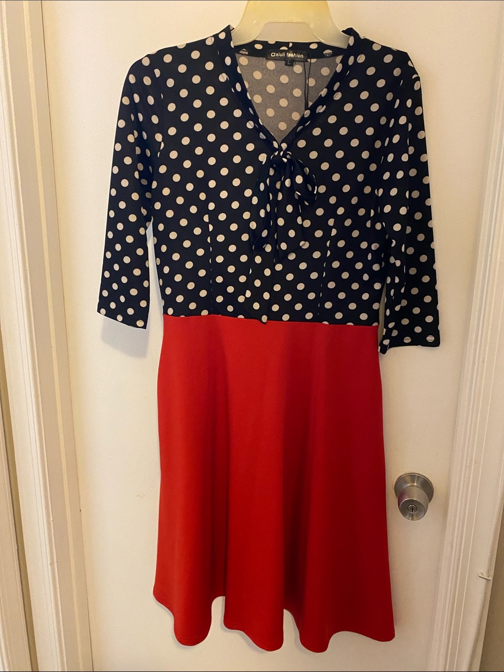 Polka Dot Tie-Neck Midi Dress in Black & Red